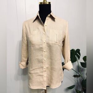 Linen Neutral Beige Button-Front Linen Blouse
